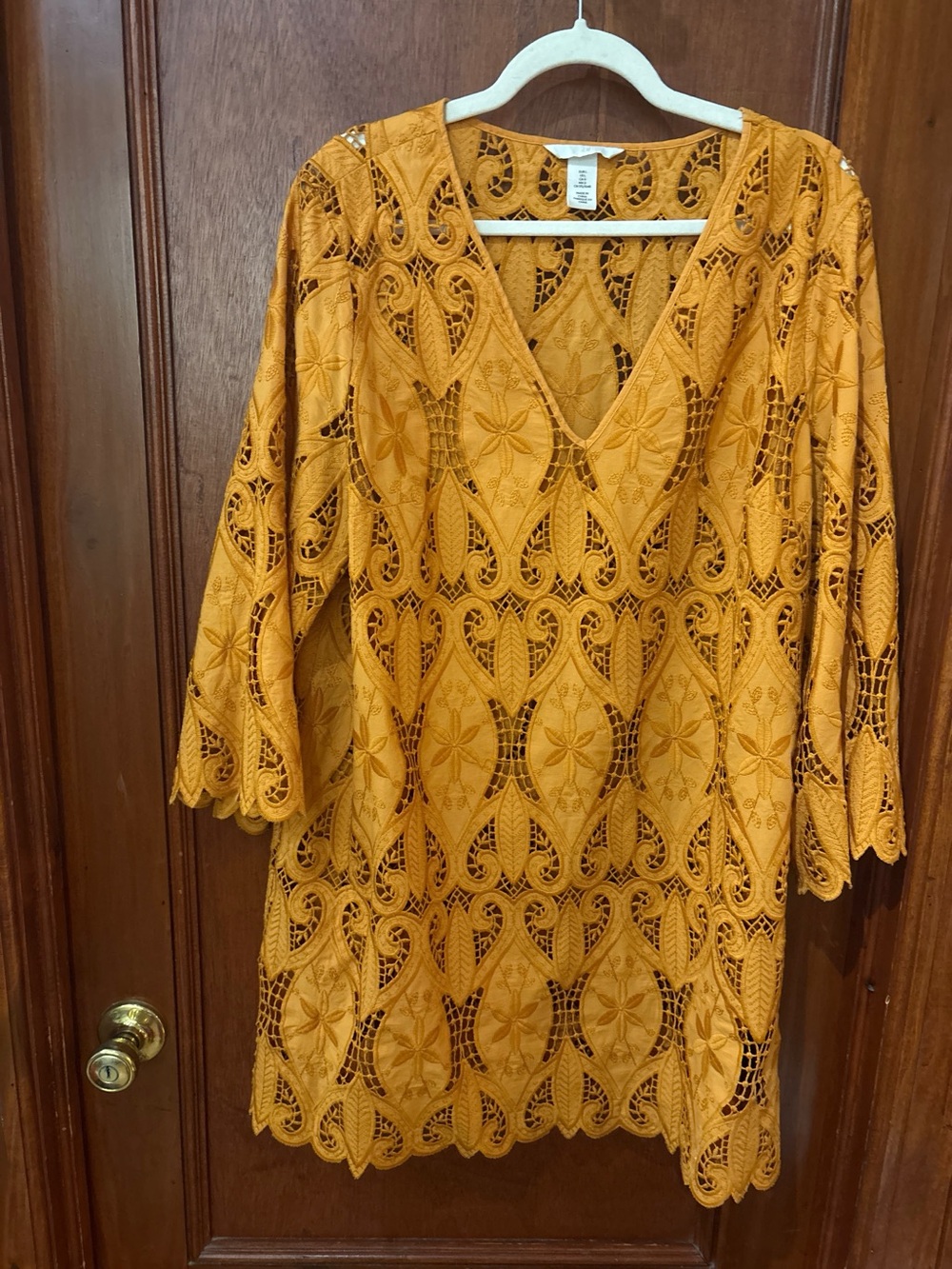 H&M Mustard Yellow Eyelet Cutout Lace V-Neck Tunic Dress or Top- Size L